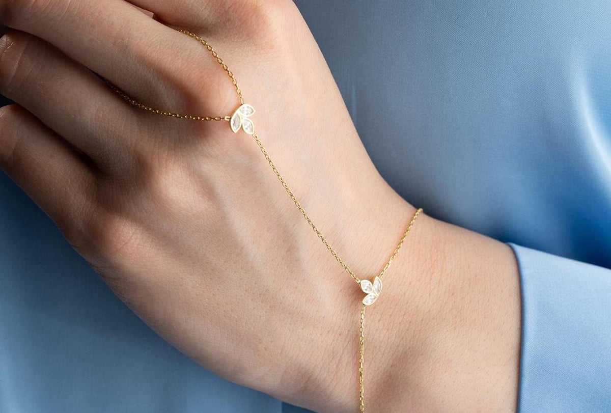 Gold Plated 925 Sterling Silver, Lotus Hand Chain Bracelet, Zircon Floral Jewelry