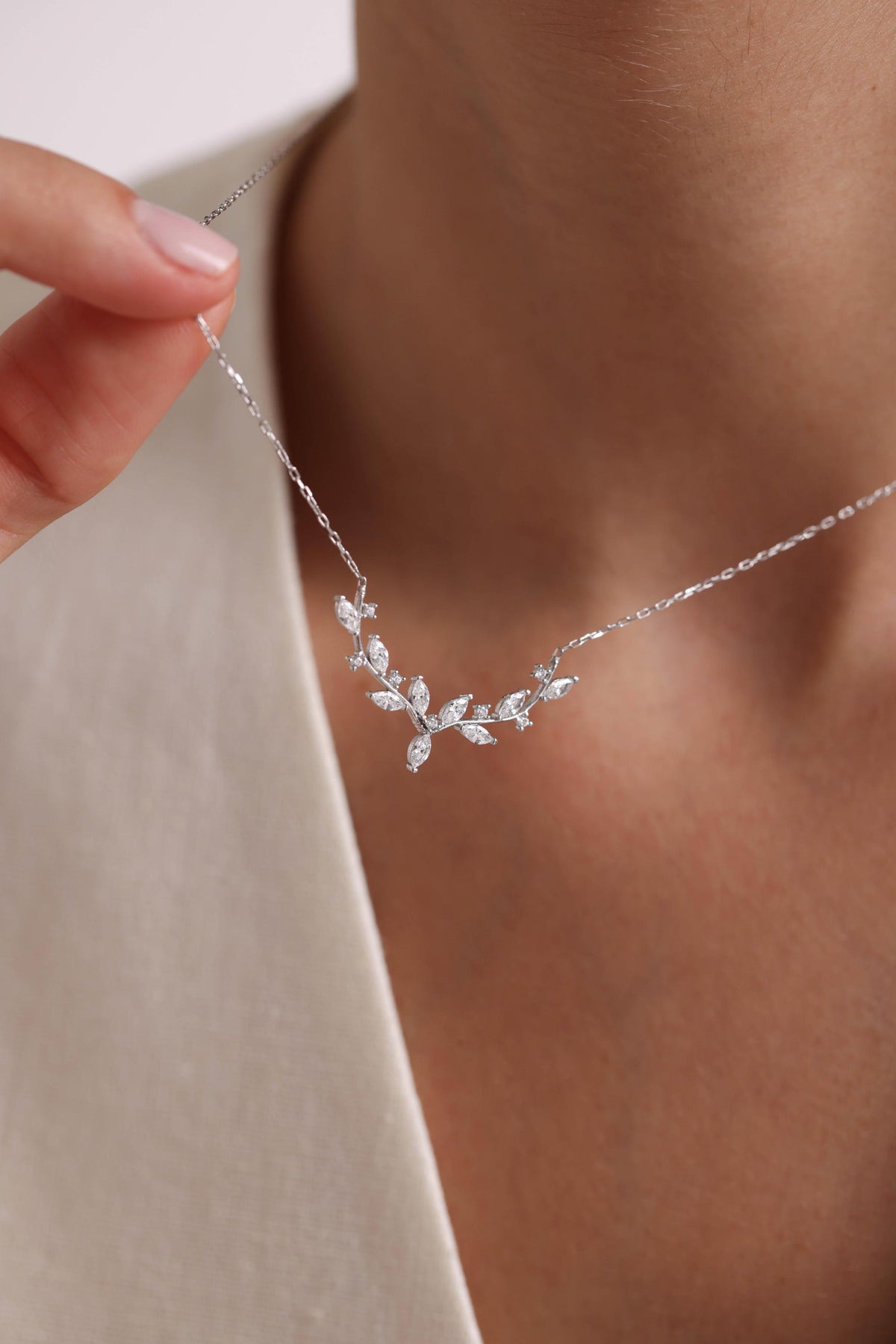 925 Sterling Silver, Ivy Leaf Necklace, Zircon Nature Jewelry