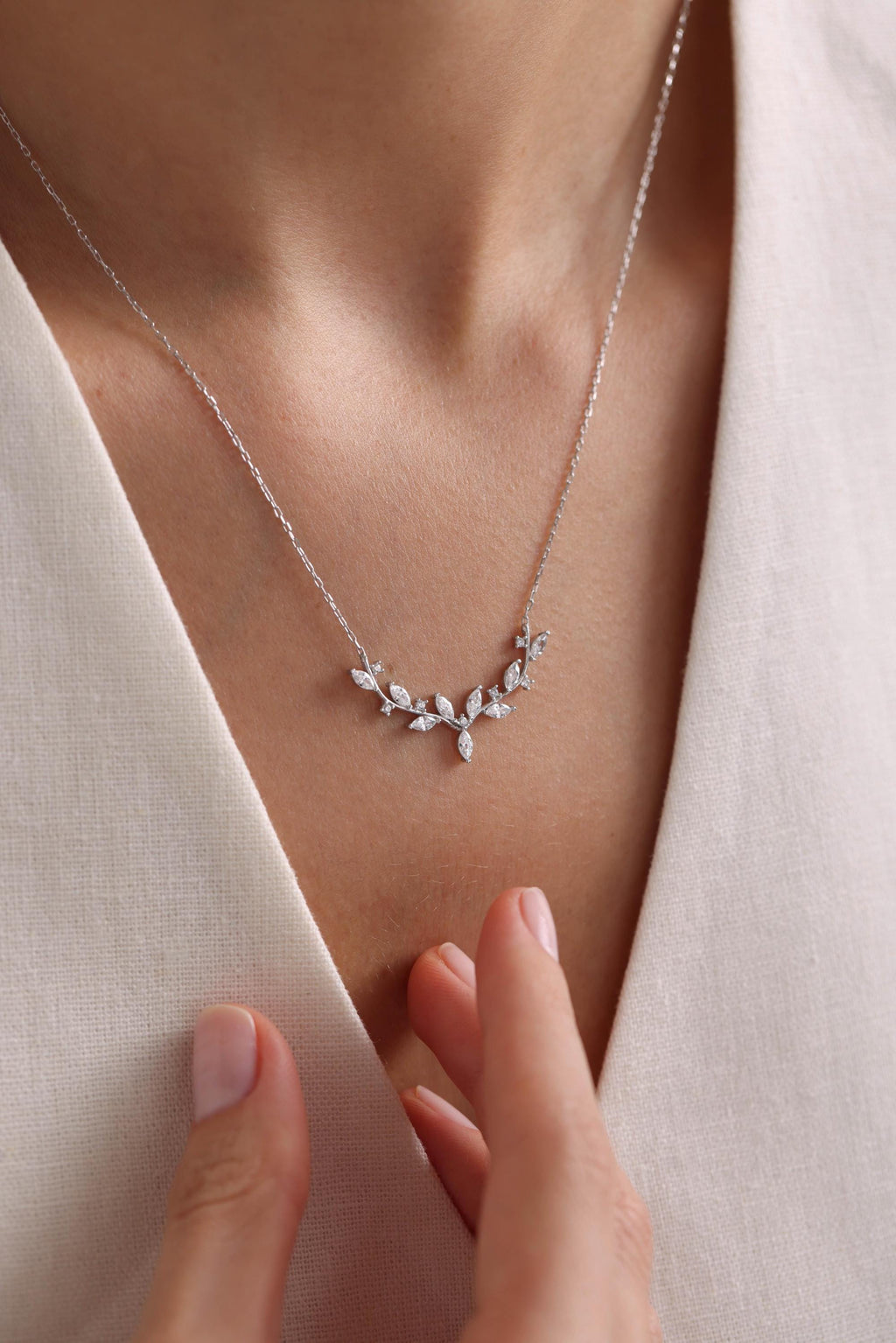 925 Sterling Silver, Ivy Leaf Necklace, Zircon Nature Jewelry