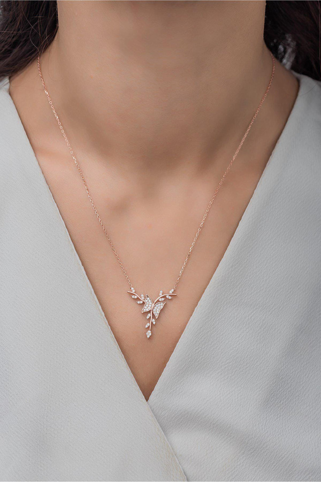 Rose Gold Butterfly Necklace | 925 Sterling Silver Necklace | Zircon Branch Pendant