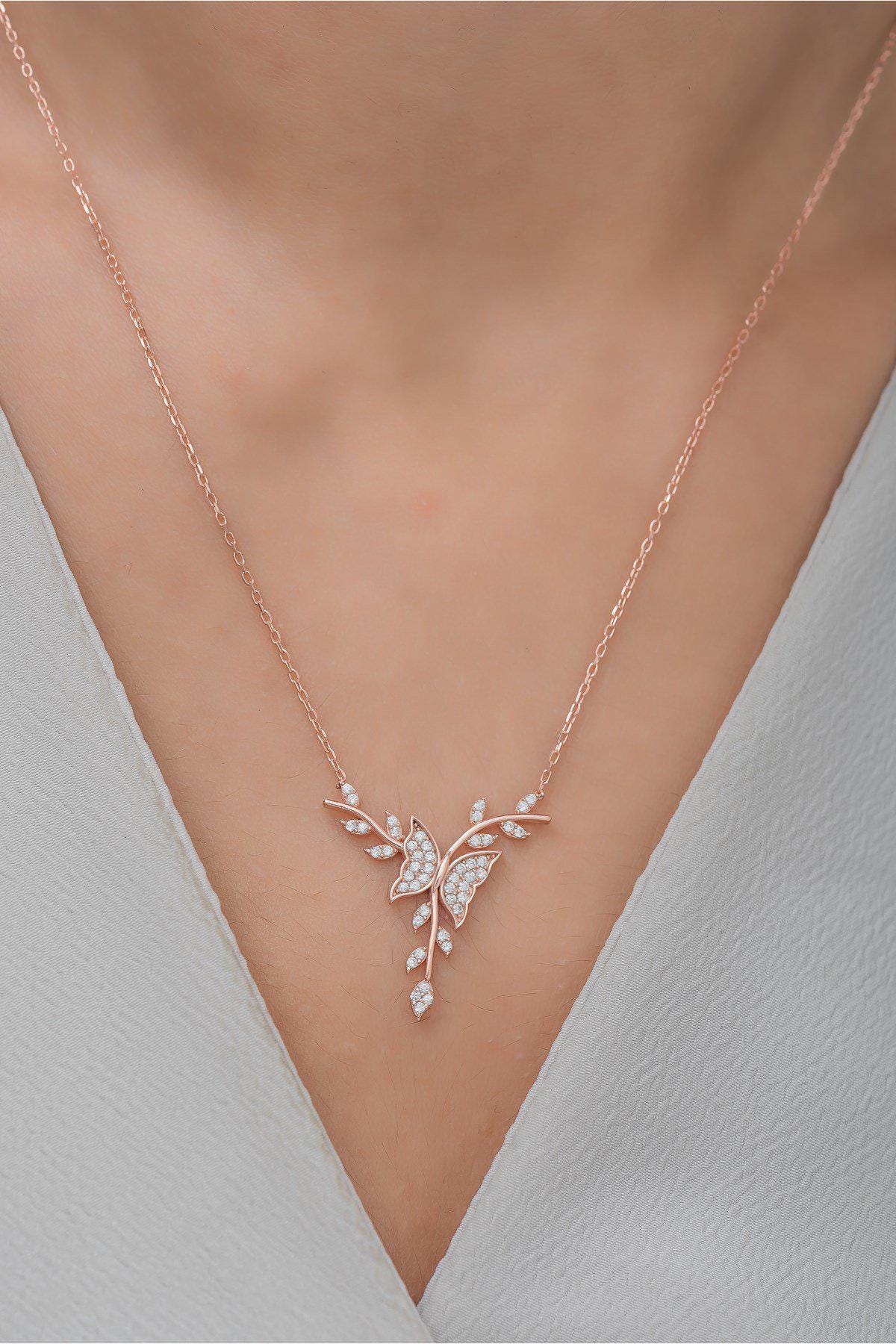 Rose Gold Butterfly Necklace | 925 Sterling Silver Necklace | Zircon Branch Pendant