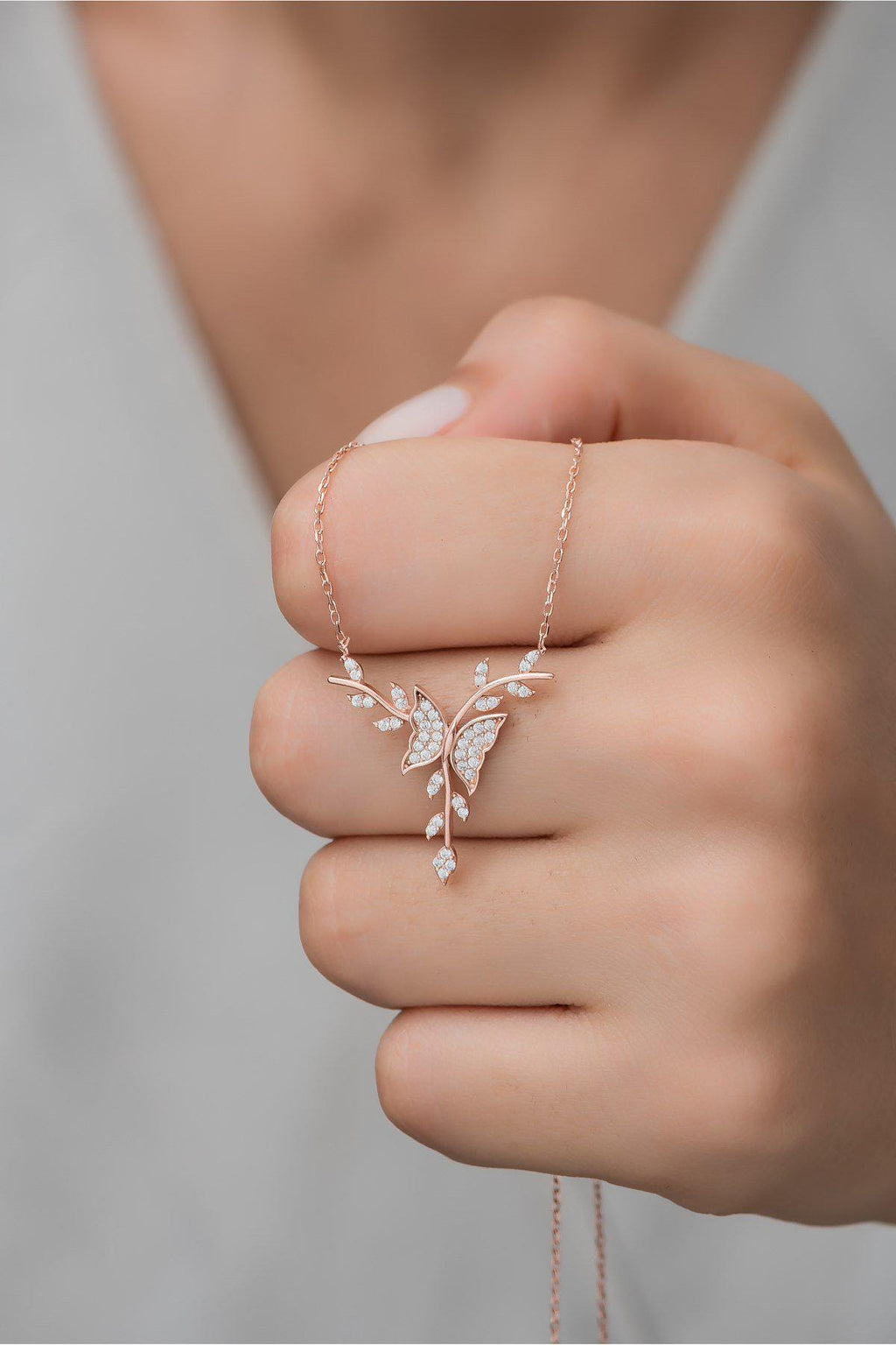 Rose Gold Butterfly Necklace | 925 Sterling Silver Necklace | Zircon Branch Pendant