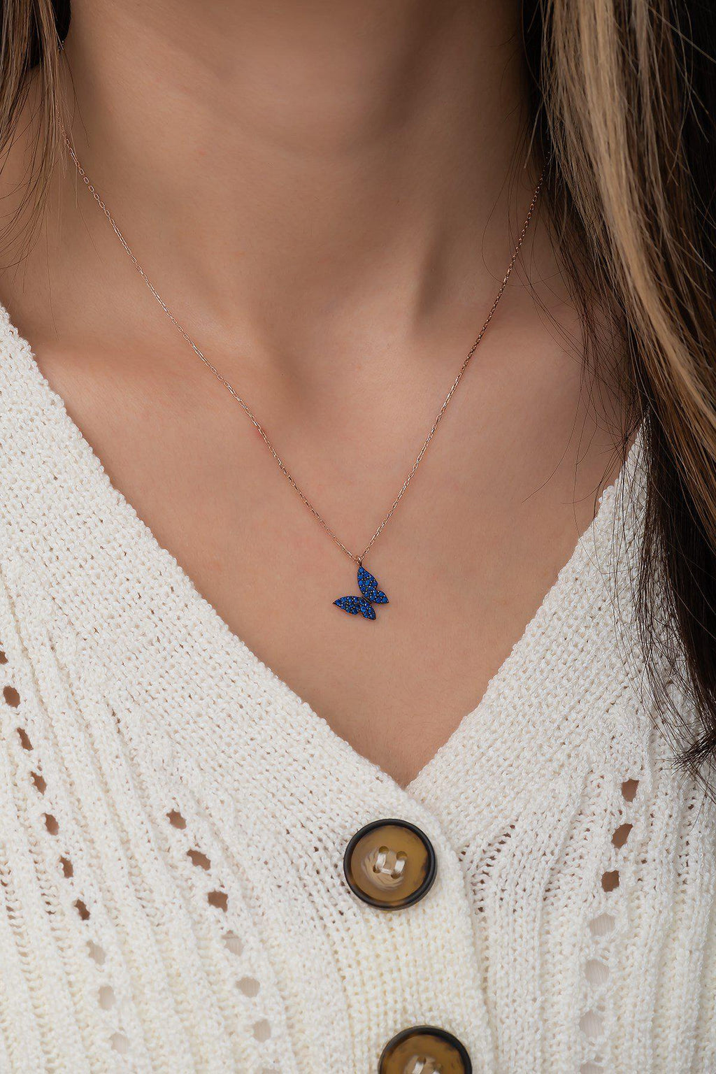 Rose Gold Blue Butterfly Necklace | Sterling Silver Zircon Petite Pendant (TRDYL146)