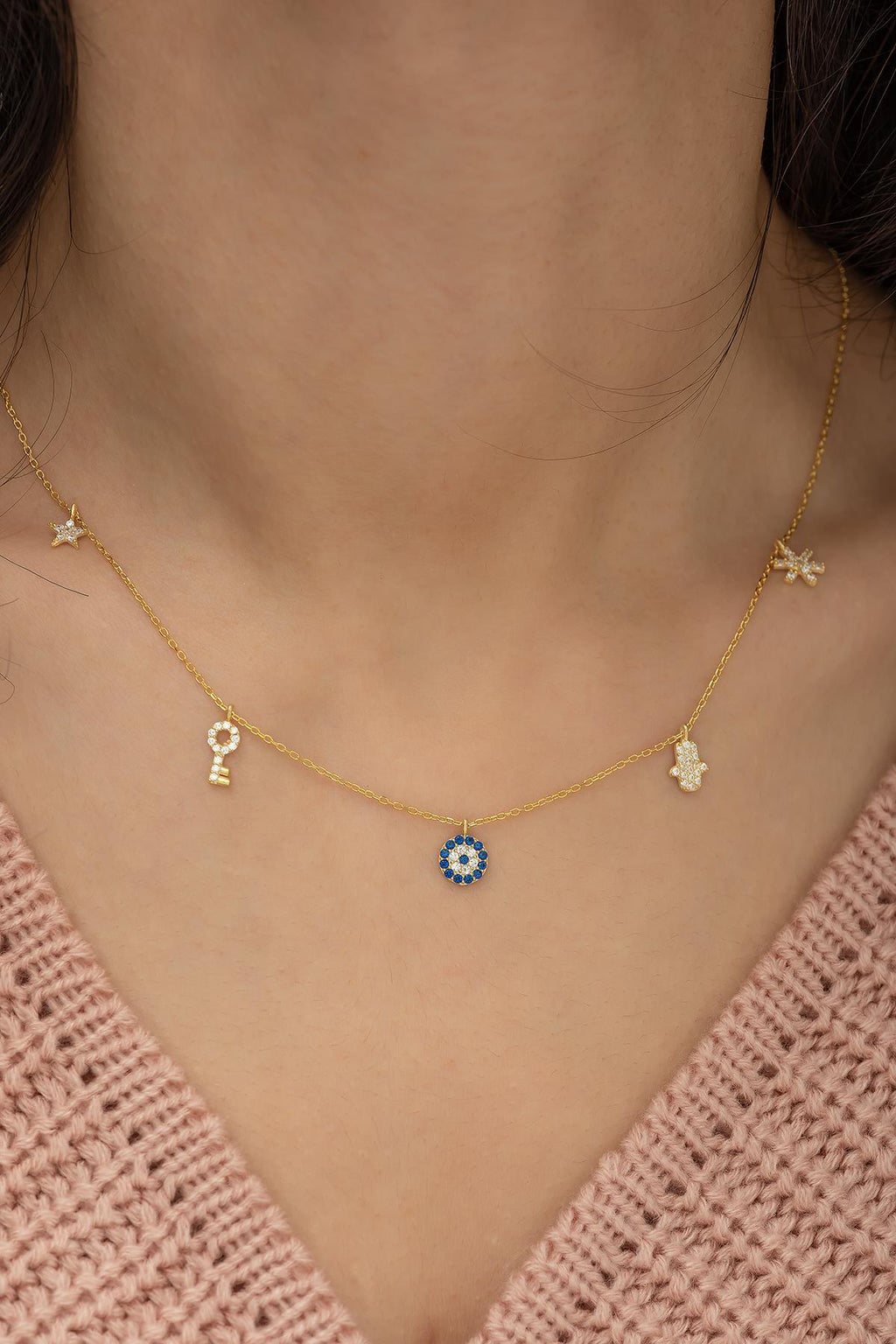 925 Sterling Silver, Lucky Charm Necklace, Gold Plated Zircon Pendant