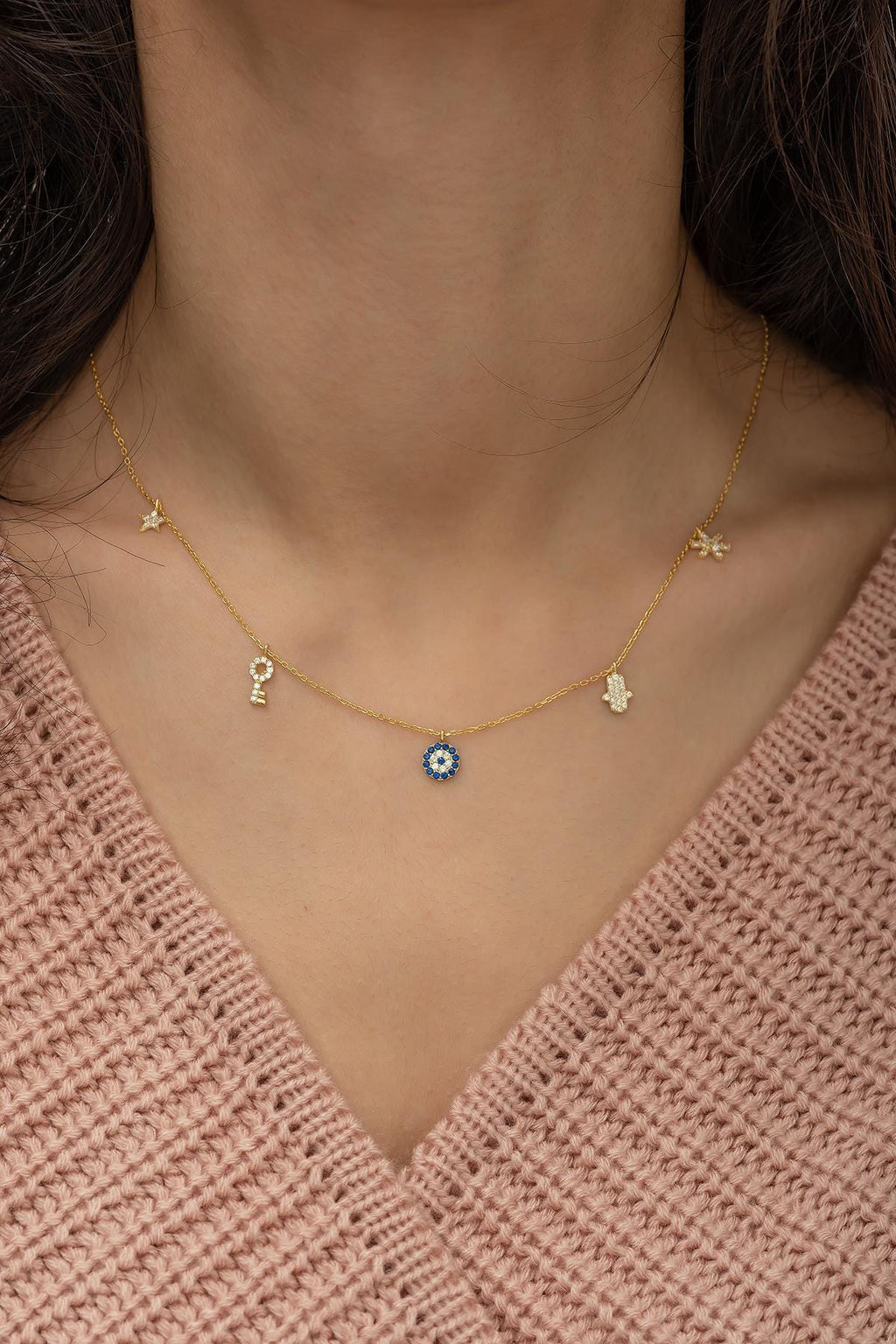 925 Sterling Silver, Lucky Charm Necklace, Gold Plated Zircon Pendant