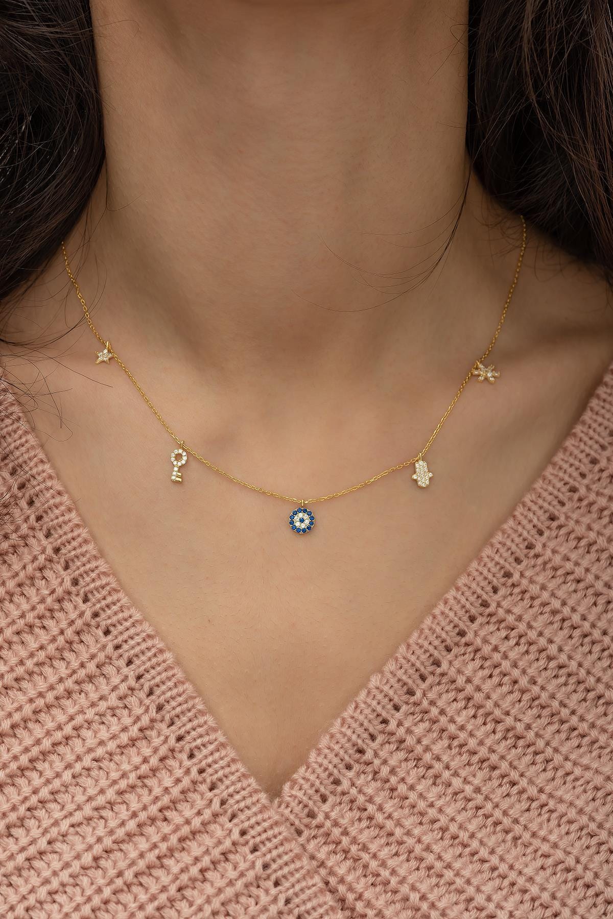 925 Sterling Silver, Lucky Charm Necklace, Gold Plated Zircon Pendant