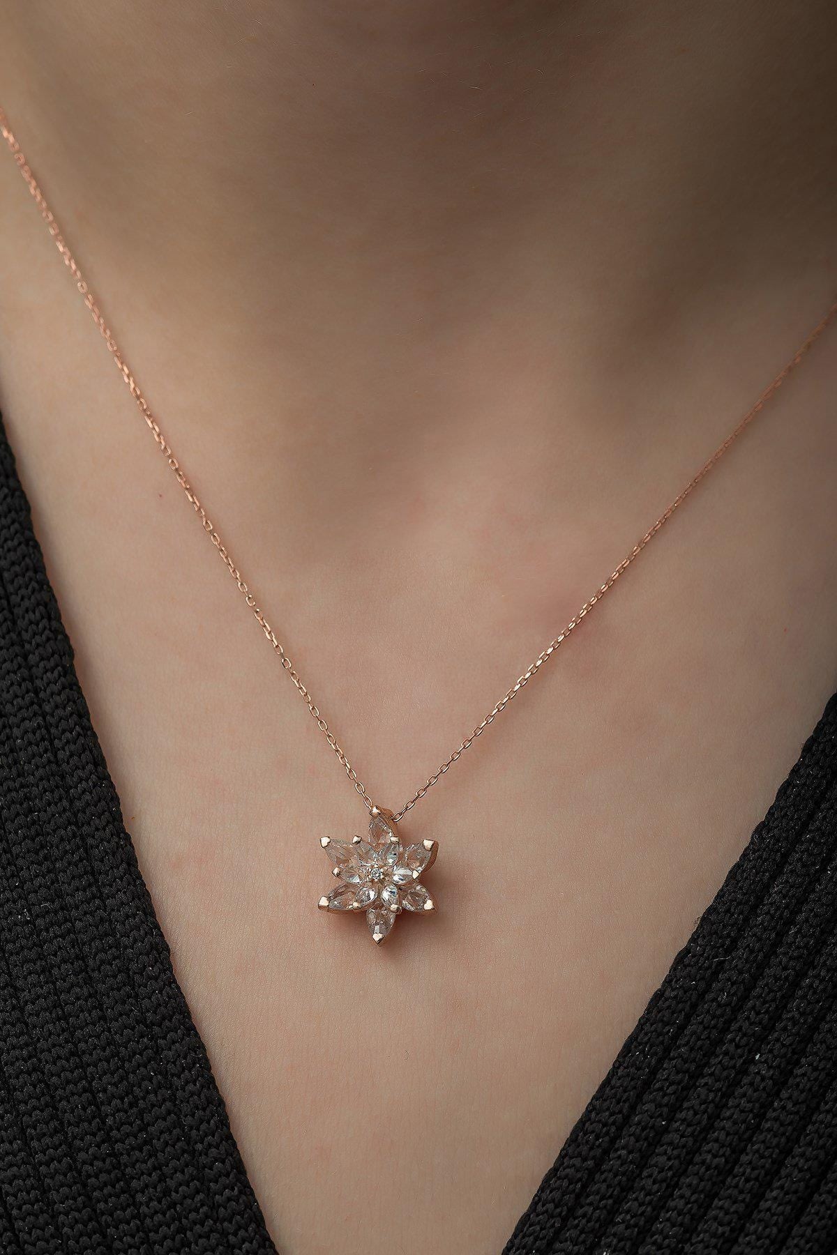 925 Sterling Silver, Lotus Flower Necklace, Rose Gold Zircon Jewelry