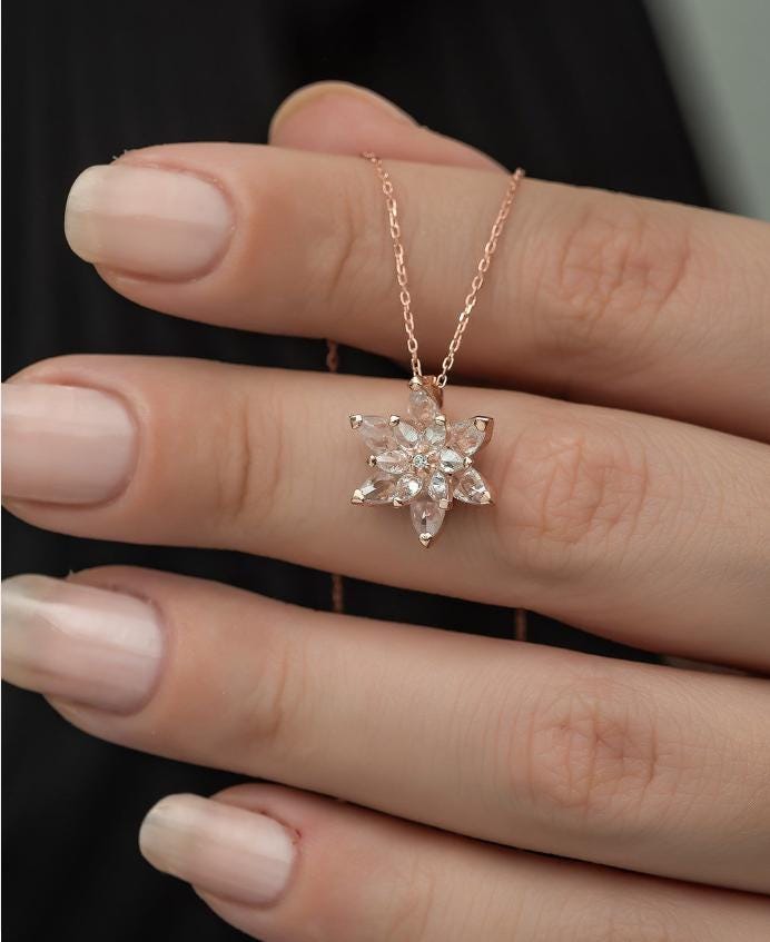 925 Sterling Silver, Lotus Flower Necklace, Rose Gold Zircon Jewelry