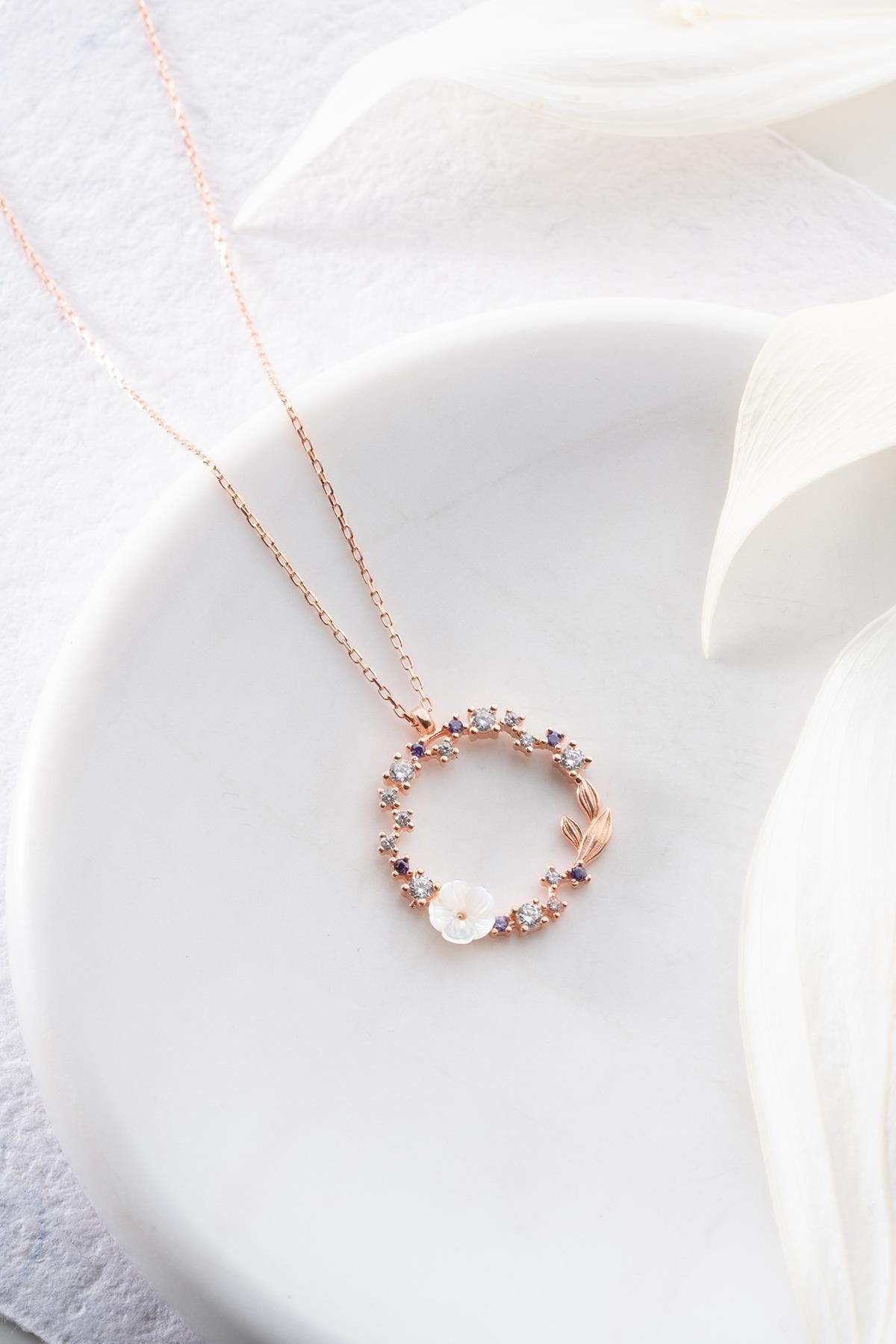 925 Sterling Silver, Magnolia Necklace, Rose Gold Floral Zircon Jewelry