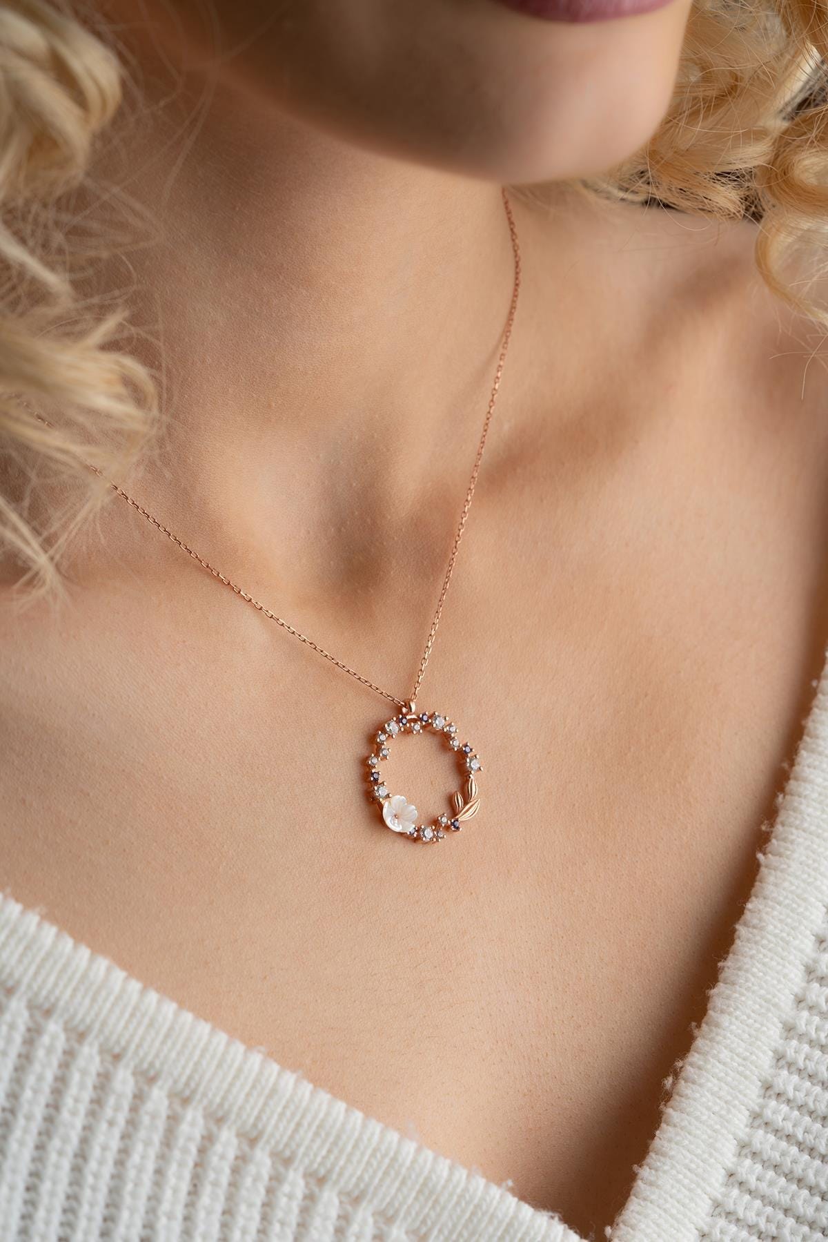 925 Sterling Silver, Magnolia Necklace, Rose Gold Floral Zircon Jewelry