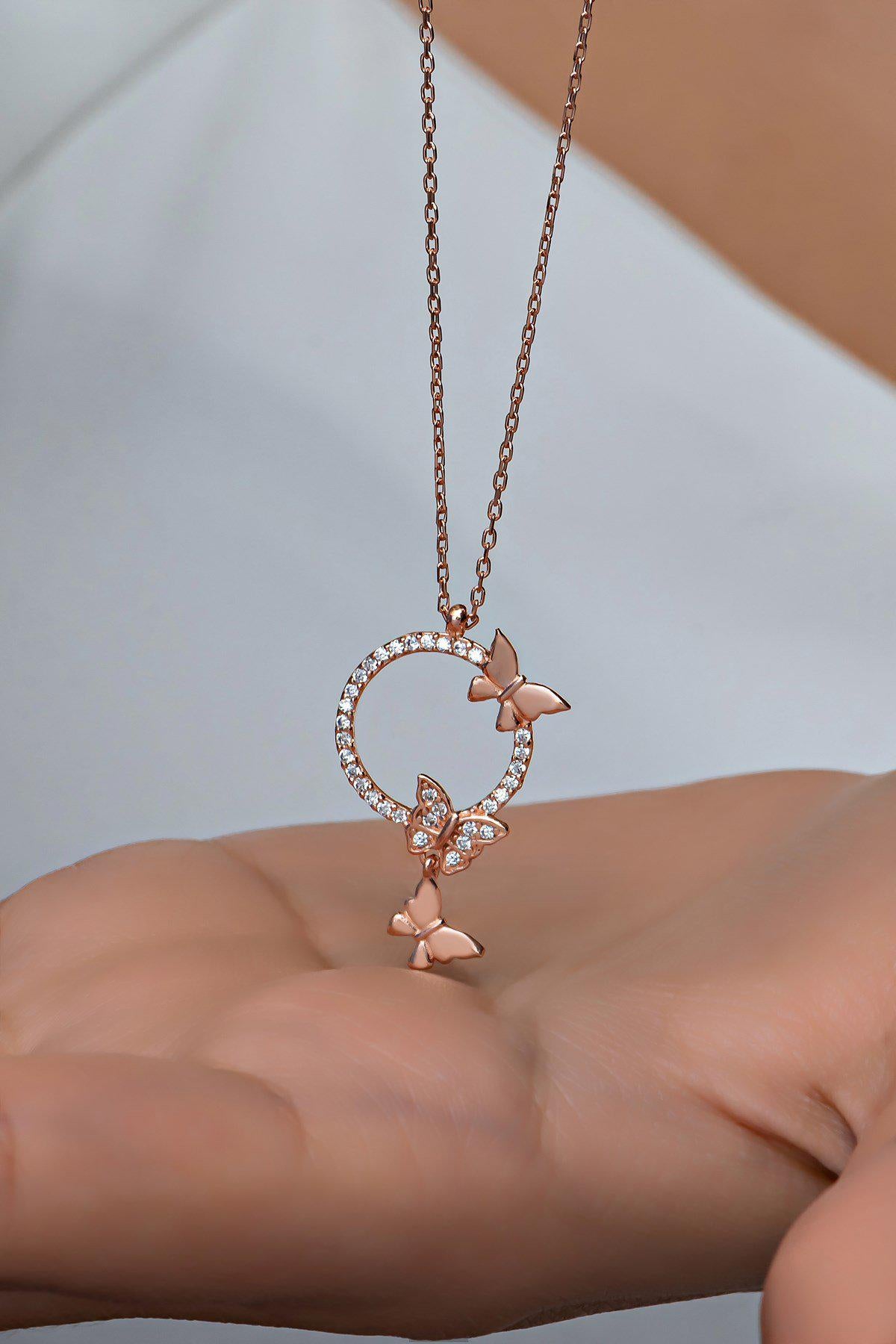 925 Sterling Silver, Butterfly Circle Necklace, Rose Gold Zircon Jewelry