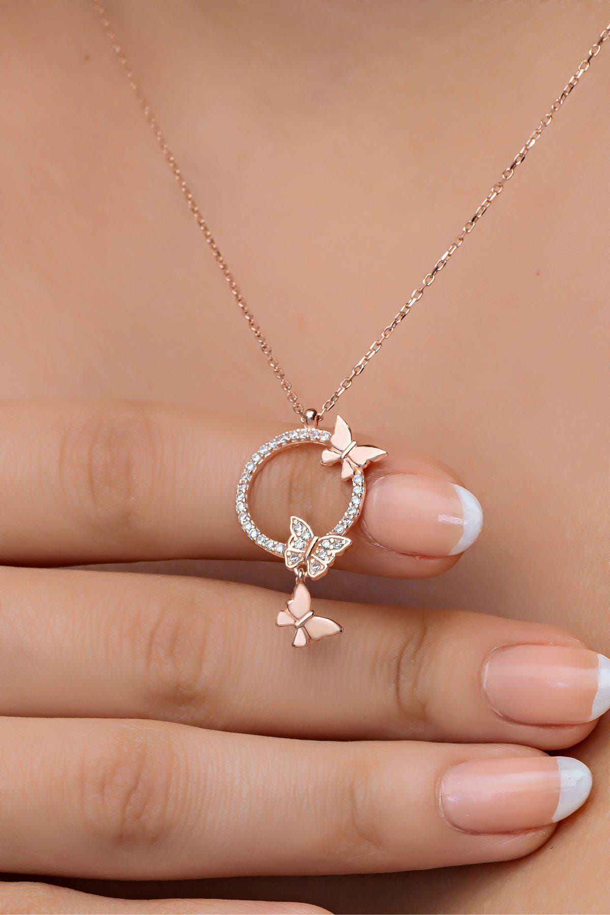 925 Sterling Silver, Butterfly Circle Necklace, Rose Gold Zircon Jewelry