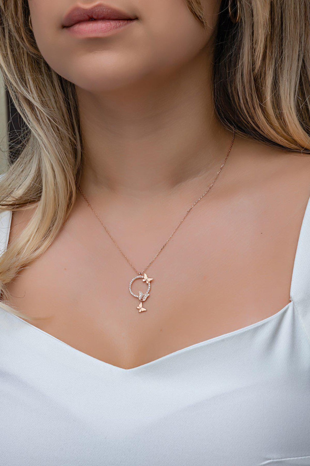 925 Sterling Silver, Butterfly Circle Necklace, Rose Gold Zircon Jewelry