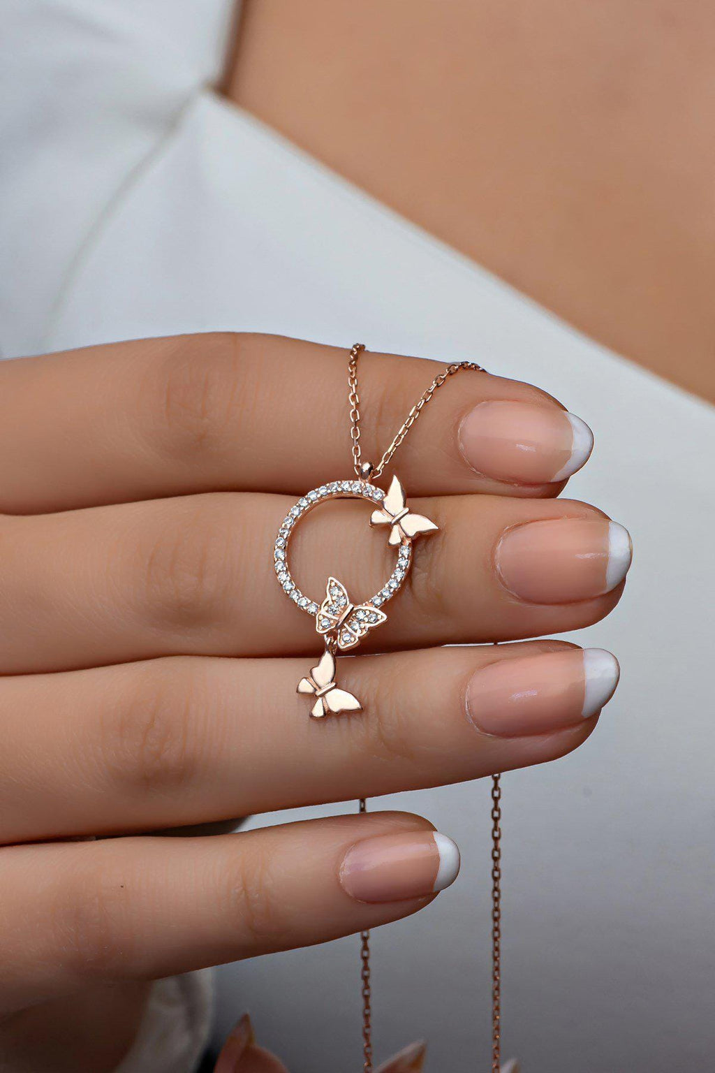 925 Sterling Silver, Butterfly Circle Necklace, Rose Gold Zircon Jewelry