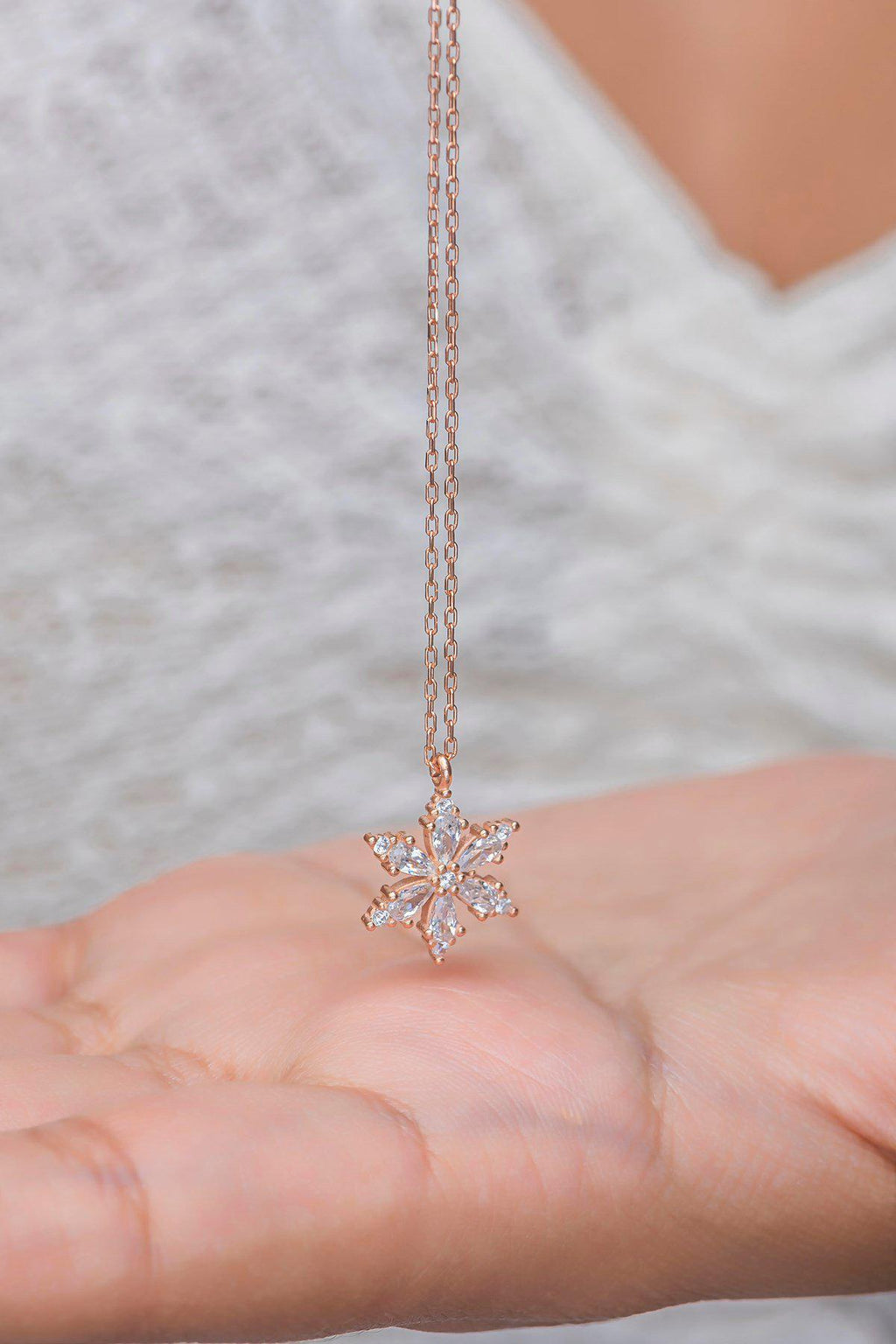 Sterling Silver Lotus Flower Necklace Zircon | Rose Gold Floral Pendant Gift for Her