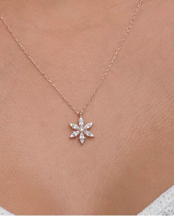 Sterling Silver Lotus Flower Necklace Zircon | Rose Gold Floral Pendant Gift for Her