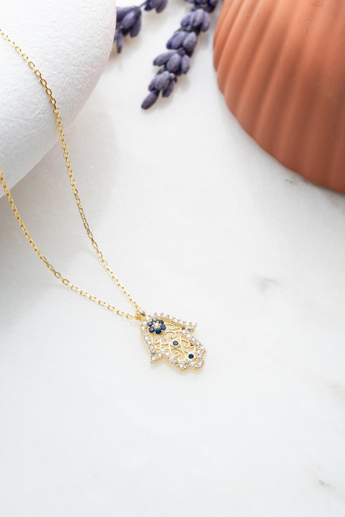 Sterling Silver Hamsa Necklace Zircon | Gold Plated Minimal Evil Eye Pendant