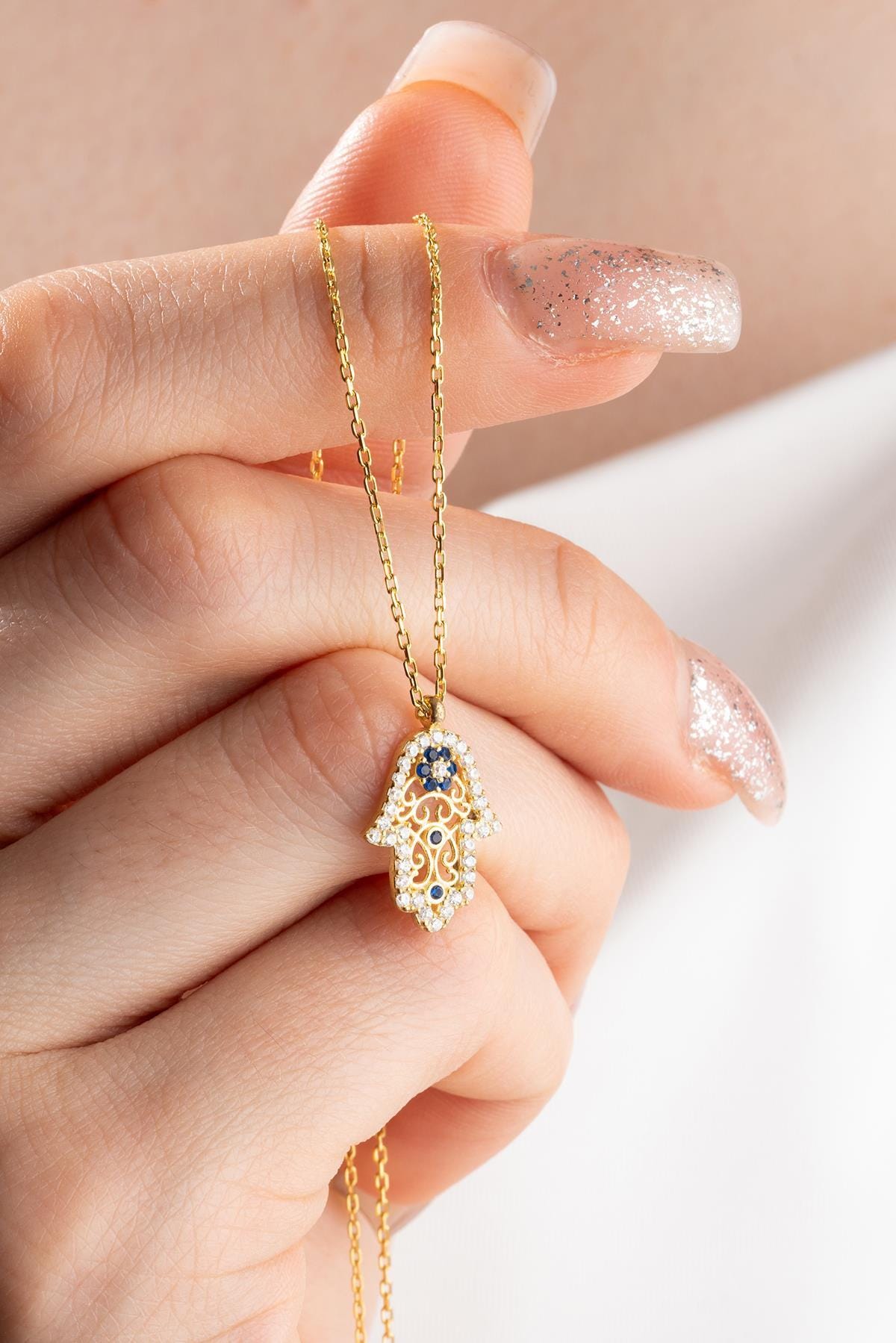 Sterling Silver Hamsa Necklace Zircon | Gold Plated Minimal Evil Eye Pendant