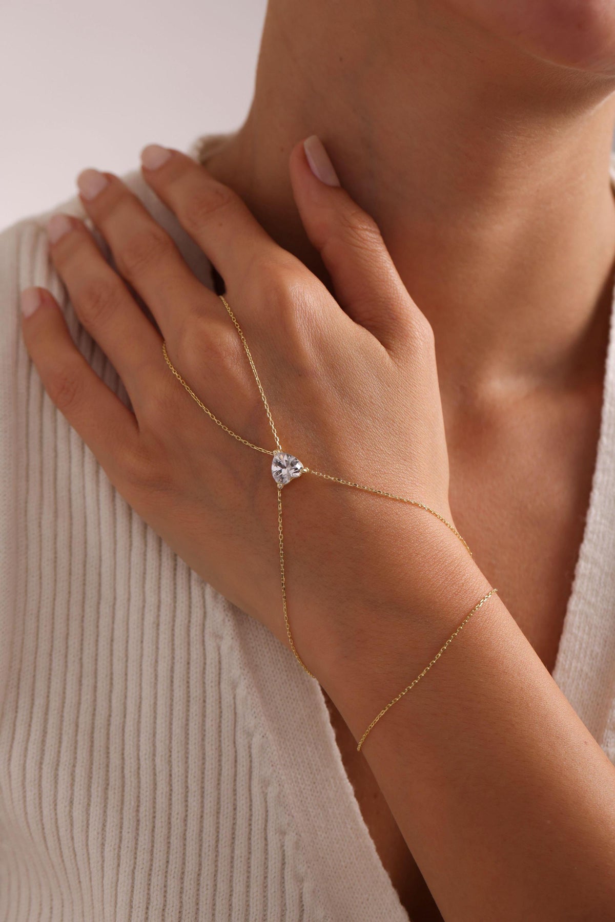 Gold Plated Heart Shahmeran Bracelet | White Zircon Hand Chain Jewelry Gift (NRZ999841)