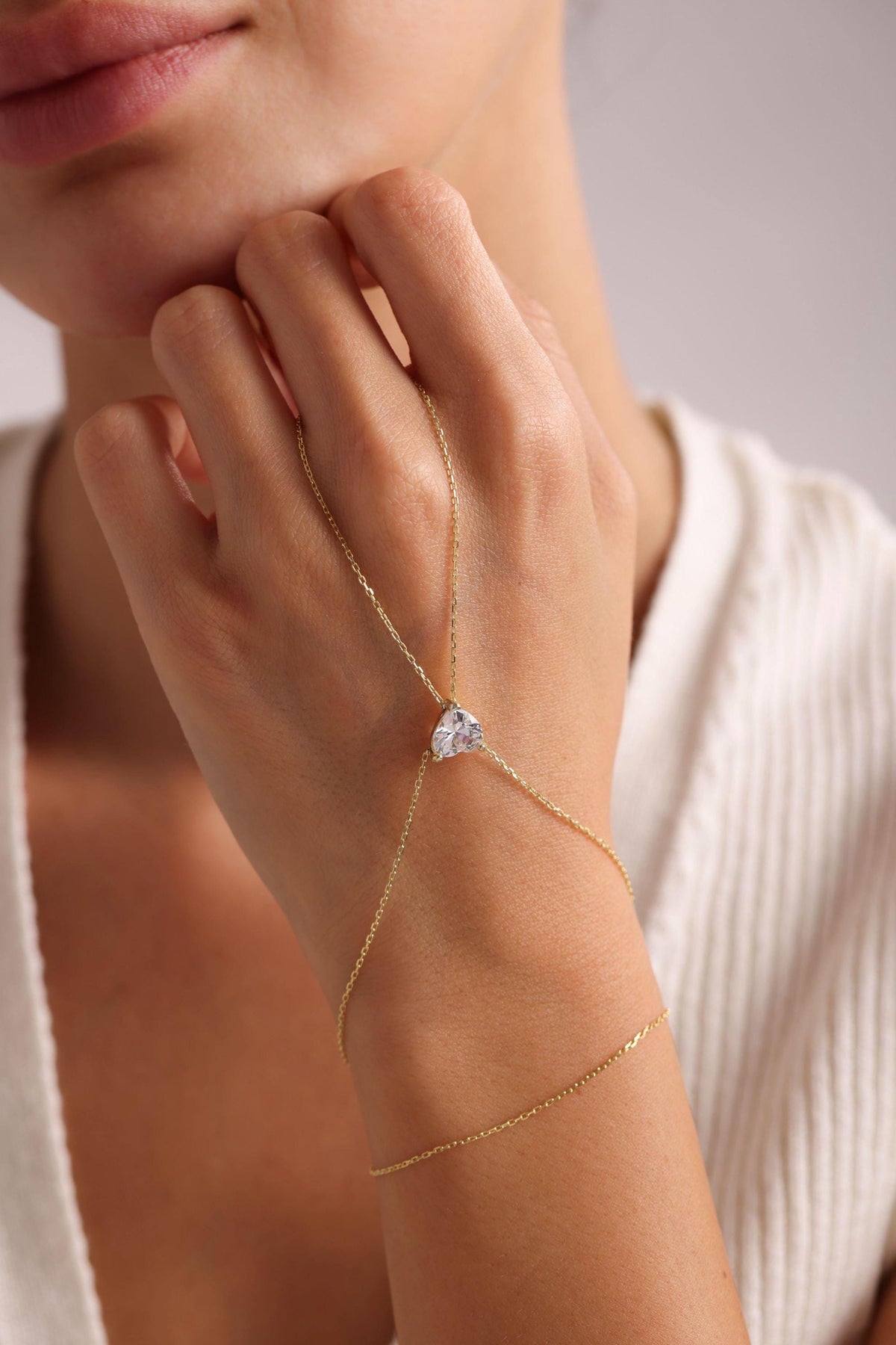 Gold Plated Heart Shahmeran Bracelet | White Zircon Hand Chain Jewelry Gift (NRZ999841)