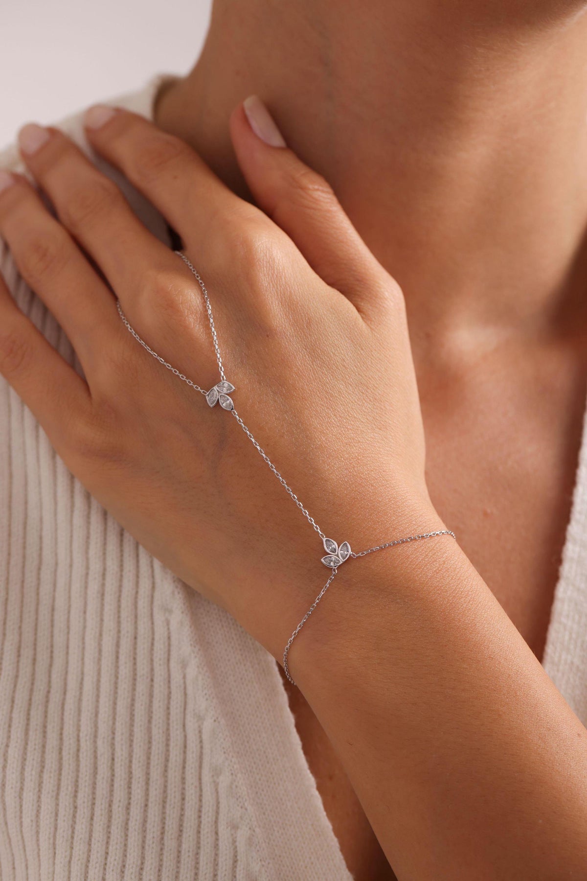 Silver Lotus Hand Chain Bracelet | 925 Sterling Silver Minimal Jewelry (NRZ999837)