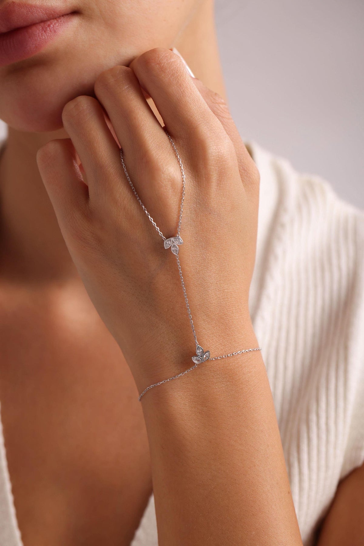 Silver Lotus Hand Chain Bracelet | 925 Sterling Silver Minimal Jewelry (NRZ999837)