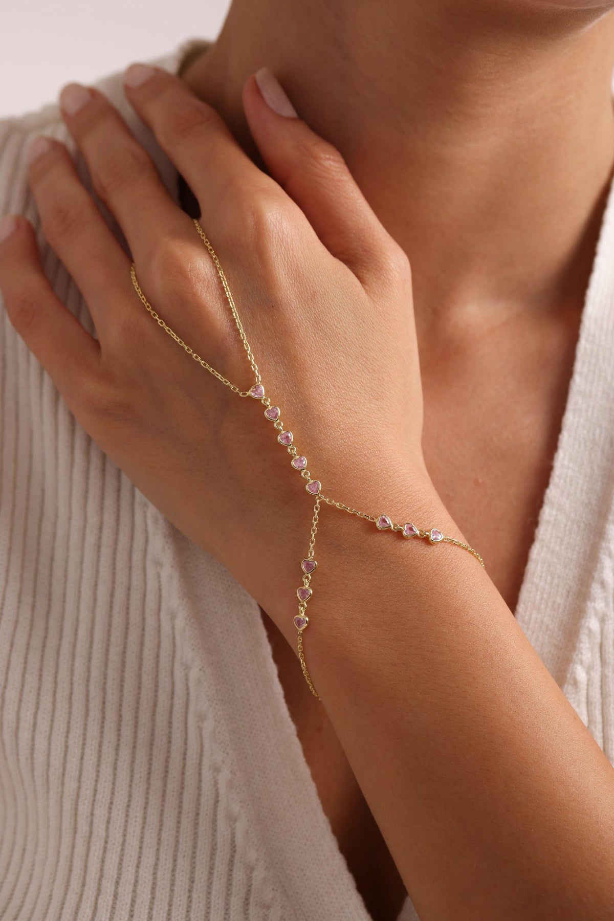 Gold plated Heart Hand Chain Bracelet | 925 Sterling Silver Bracelet | Romantic Jewelry