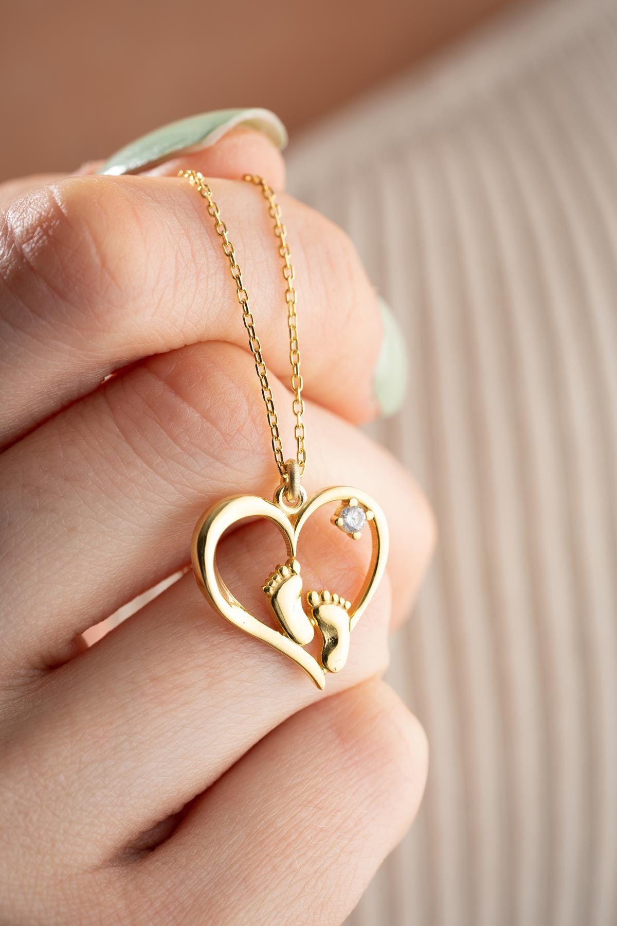 Baby Footprint Necklace Sterling Silver | Gold Heart Zircon New Mom Gift