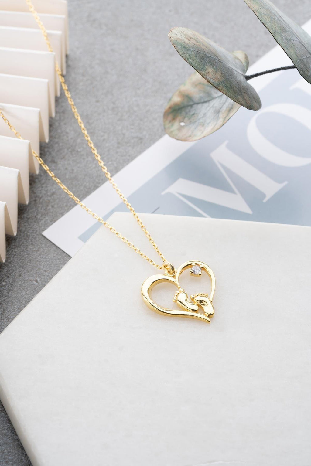 Baby Footprint Necklace Sterling Silver | Gold Heart Zircon New Mom Gift