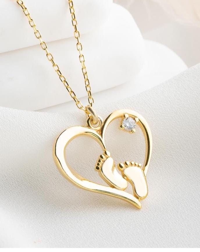 Baby Footprint Necklace Sterling Silver | Gold Heart Zircon New Mom Gift