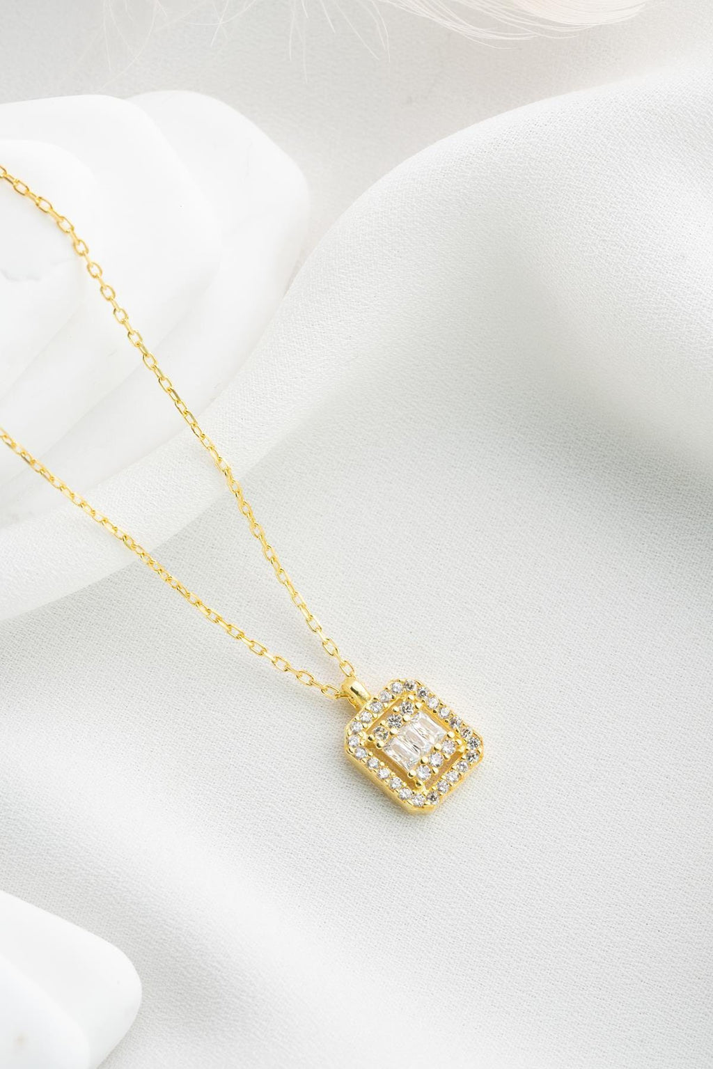 Baguette Zircon Necklace Sterling Silver | Gold Solitaire Pendant Minimal Jewelry