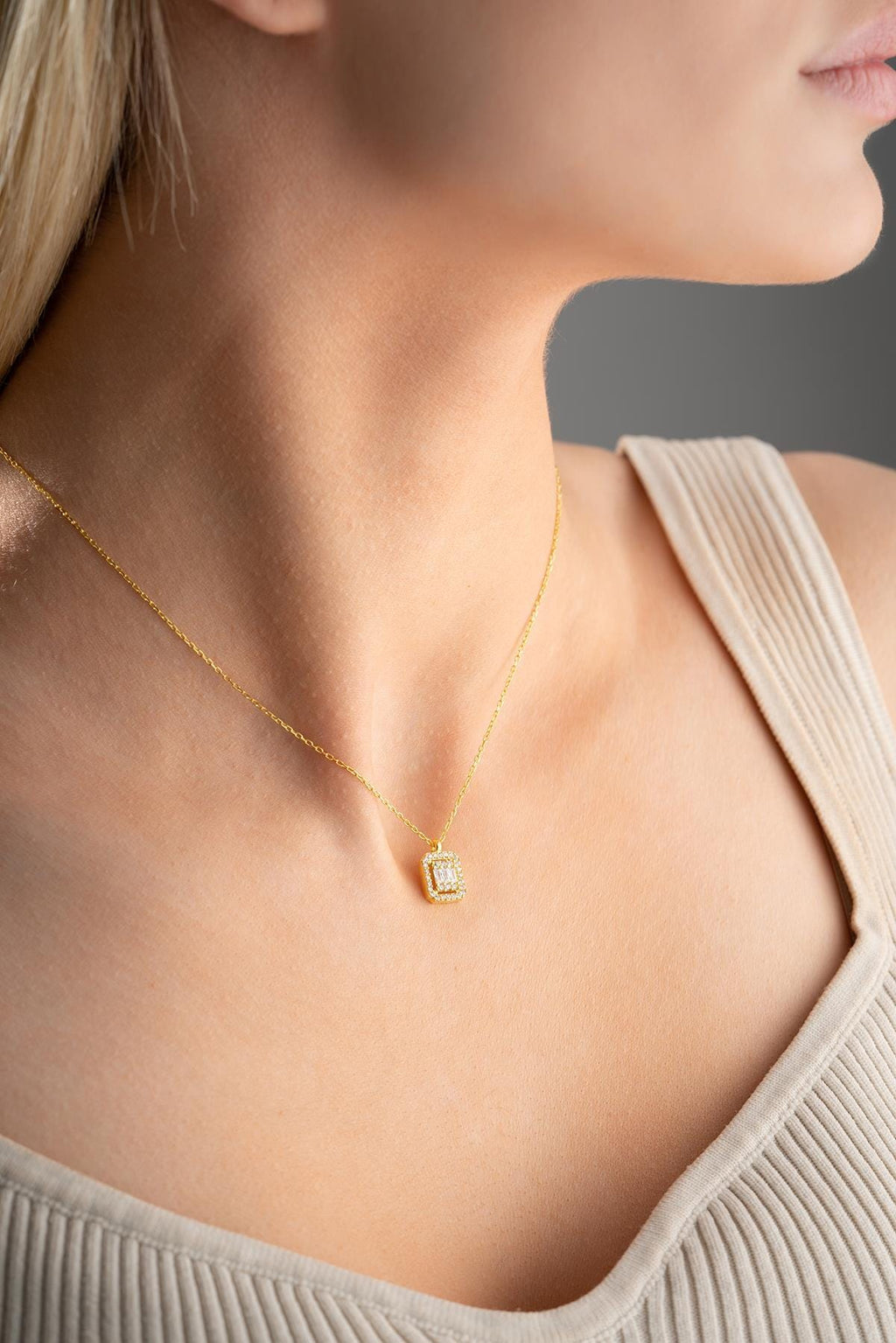 Baguette Zircon Necklace Sterling Silver | Gold Solitaire Pendant Minimal Jewelry