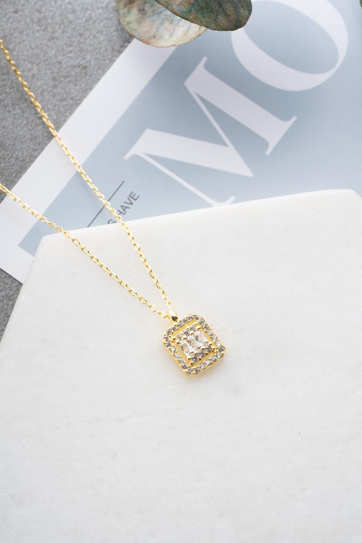 Baguette Zircon Necklace Sterling Silver | Gold Solitaire Pendant Minimal Jewelry