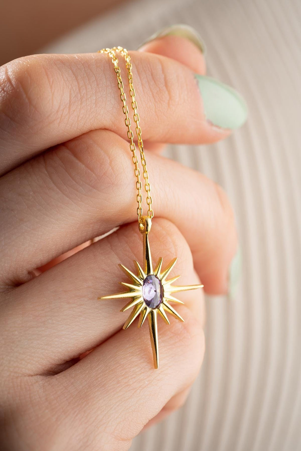 925 Sterling Silver, North Star Necklace, Gold plated Purple Zircon Jewelry