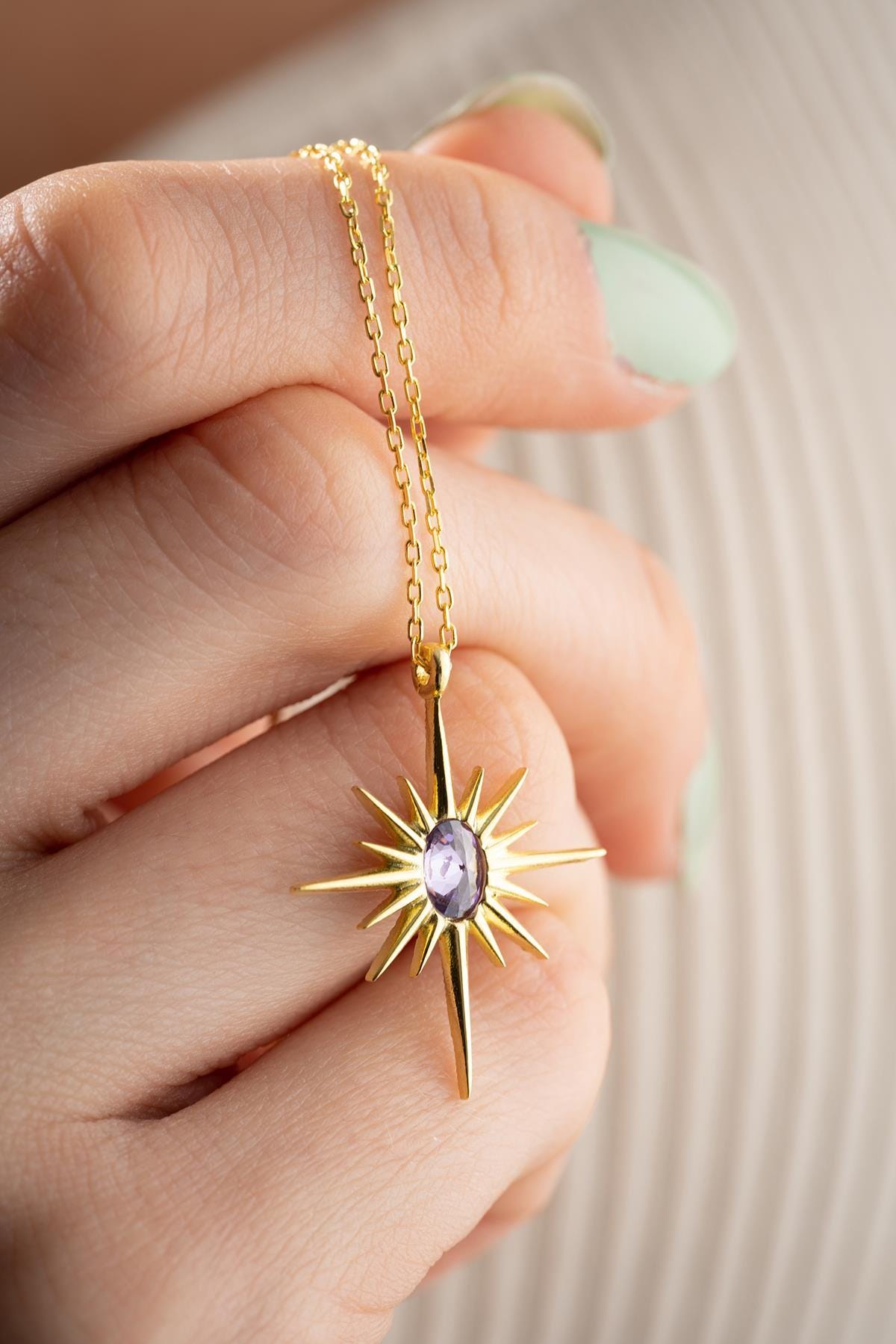 925 Sterling Silver, North Star Necklace, Gold plated Purple Zircon Jewelry