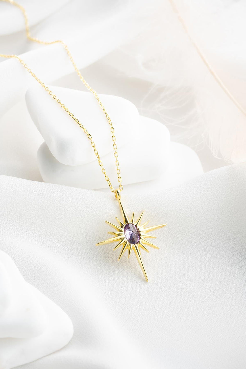 925 Sterling Silver, North Star Necklace, Gold plated Purple Zircon Jewelry