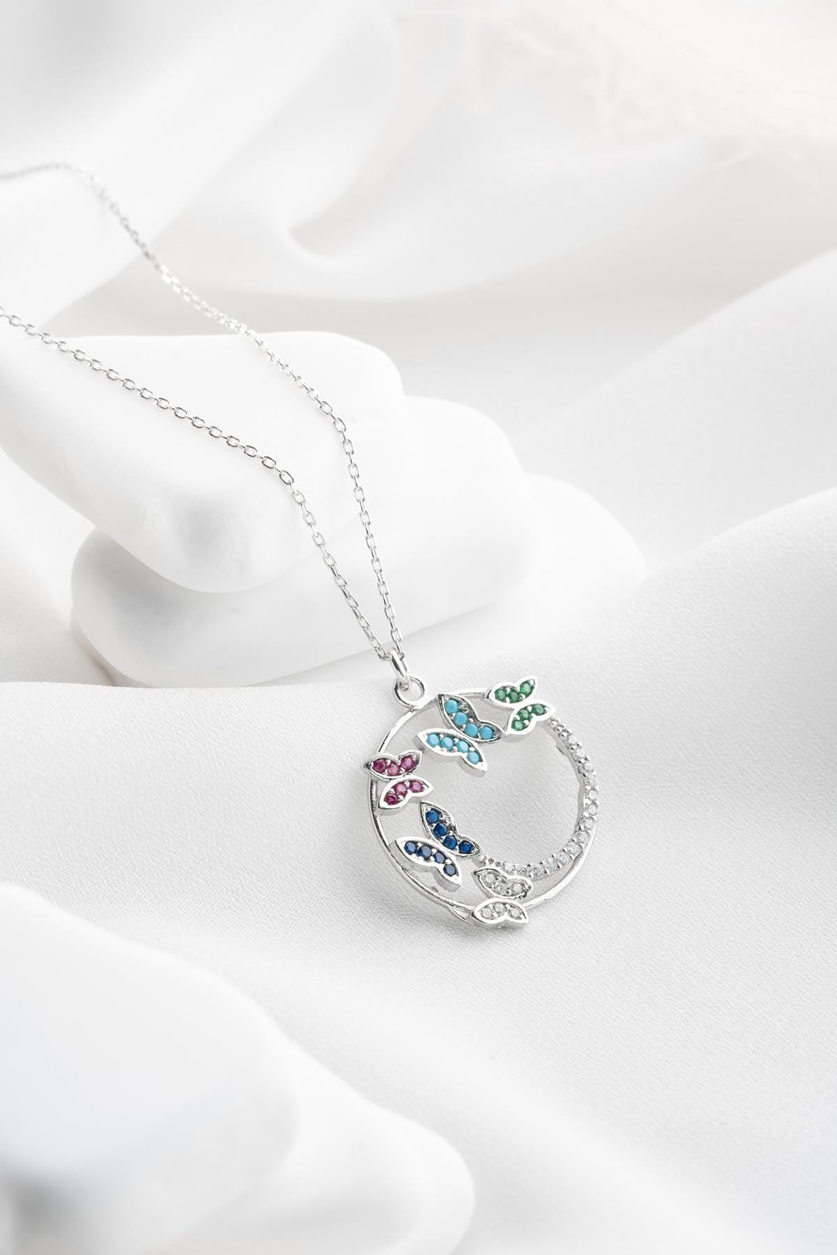 Butterfly Circle Necklace, 925 Sterling Silver Pendant, Colorful Zircon Jewelry, Gift for Her