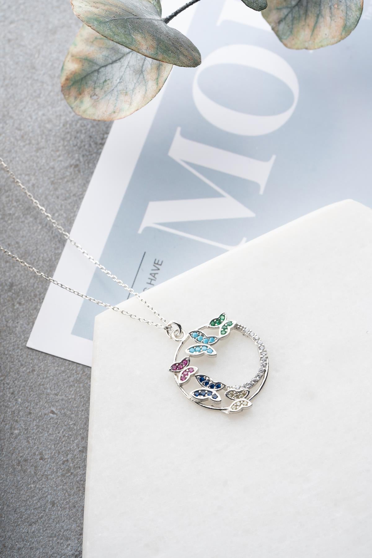 Butterfly Circle Necklace, 925 Sterling Silver Pendant, Colorful Zircon Jewelry, Gift for Her
