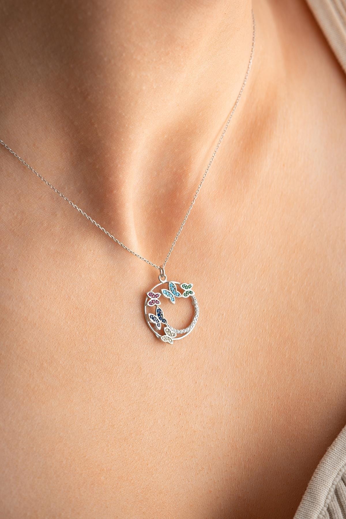 Butterfly Circle Necklace, 925 Sterling Silver Pendant, Colorful Zircon Jewelry, Gift for Her