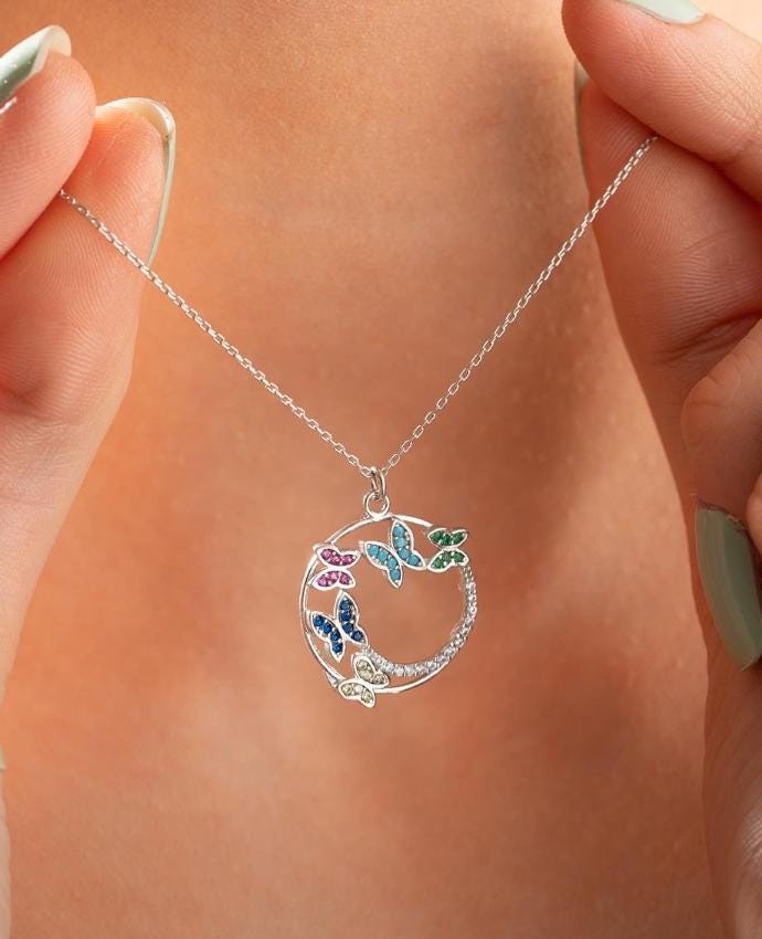 Butterfly Circle Necklace, 925 Sterling Silver Pendant, Colorful Zircon Jewelry, Gift for Her