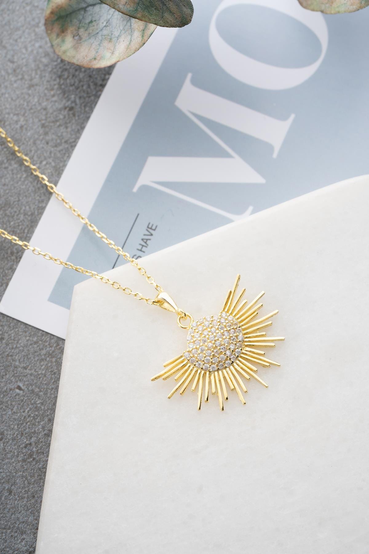Celestial Sun Necklace, 925 Sterling Silver Pendant, Gold Plated Zircon Jewelry, Gift for Her