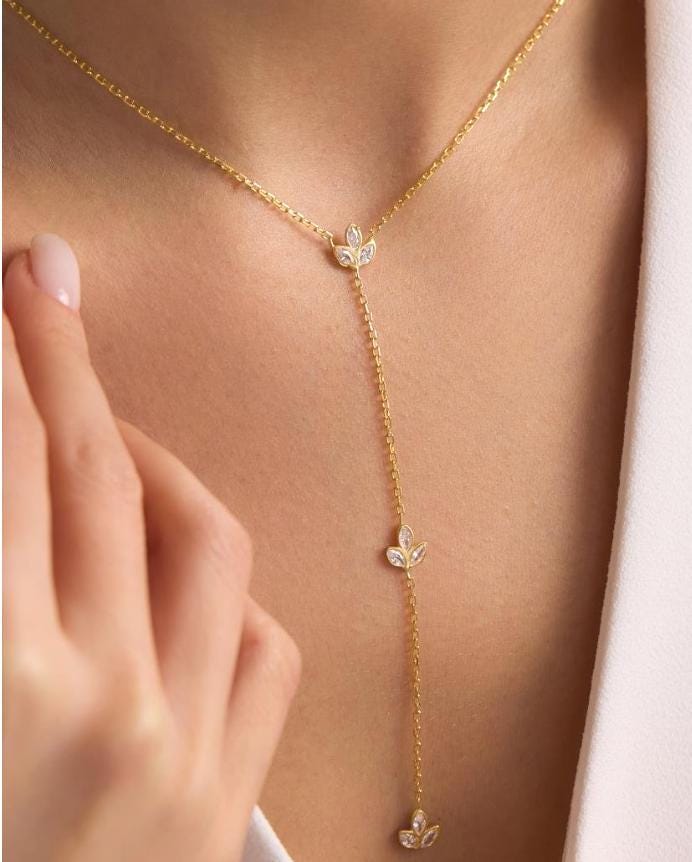 Lotus Y Necklace, 925 Sterling Silver Pendant, Gold Plated Zircon Jewelry, Gift for Her