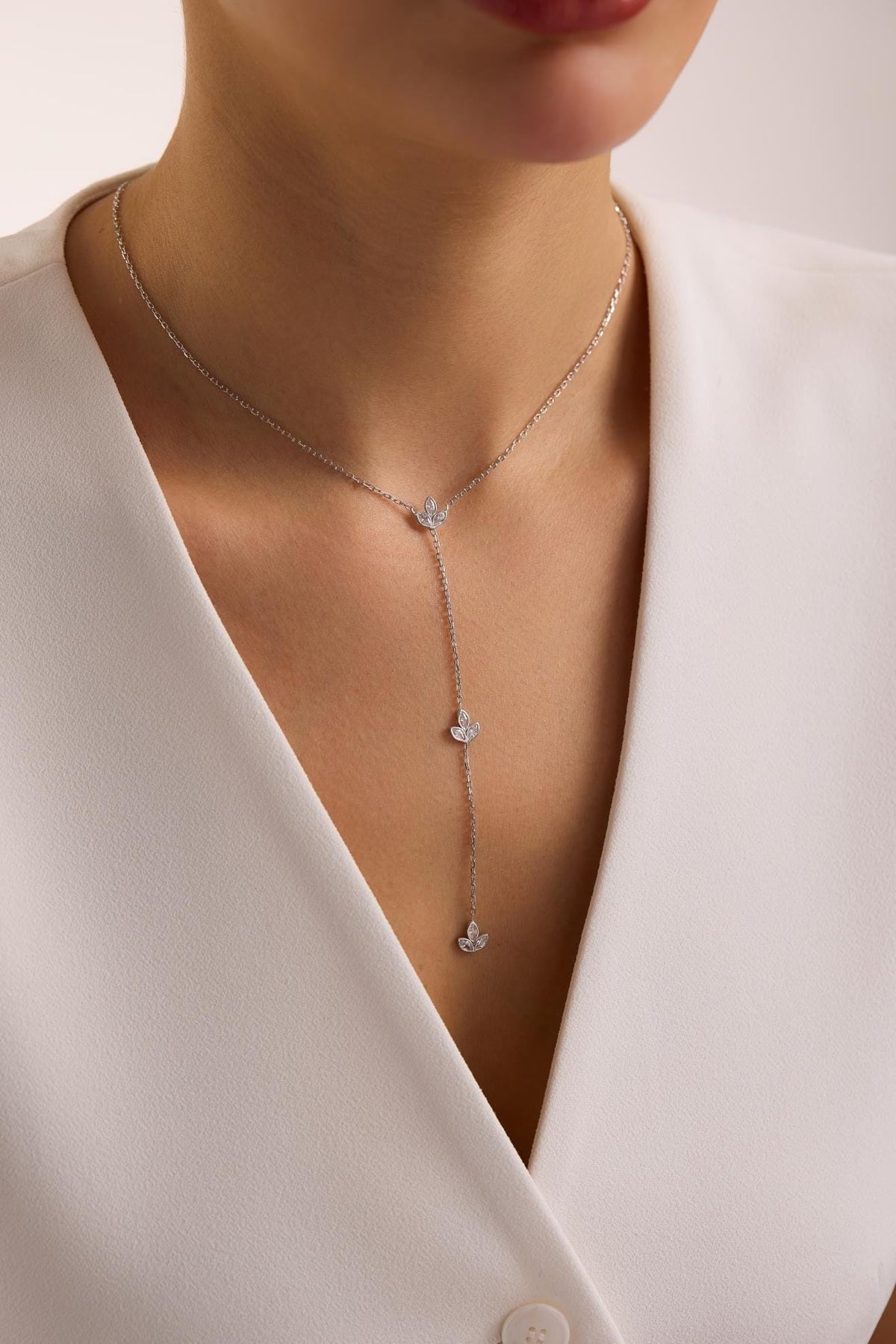 Lotus Y Necklace, 925 Sterling Silver Jewelry, Rhodium Plated Zircon Pendant, Gift