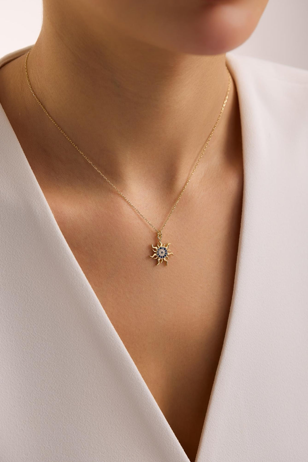 Evil Eye Sun Necklace, 925 Sterling Silver Jewelry, Gold Plated Zircon Pendant