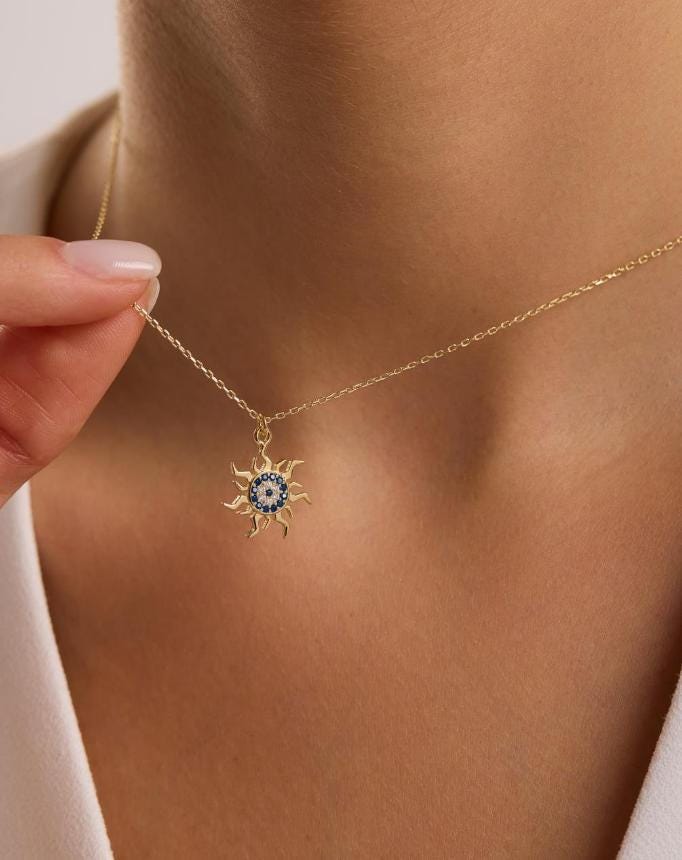 Evil Eye Sun Necklace, 925 Sterling Silver Jewelry, Gold Plated Zircon Pendant