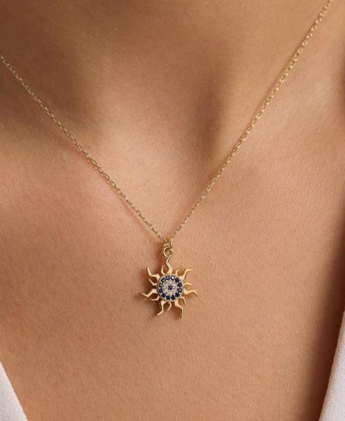 Evil Eye Sun Necklace, 925 Sterling Silver Jewelry, Gold Plated Zircon Pendant