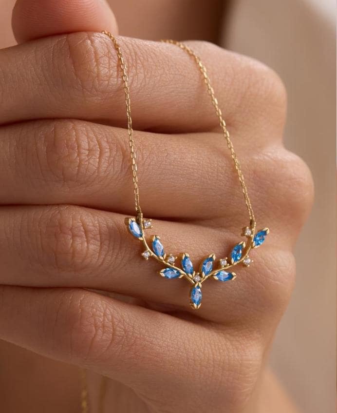 Aquamarine Ivy Necklace, 925 Sterling Silver Jewelry, Gold Plated Vine Pendant