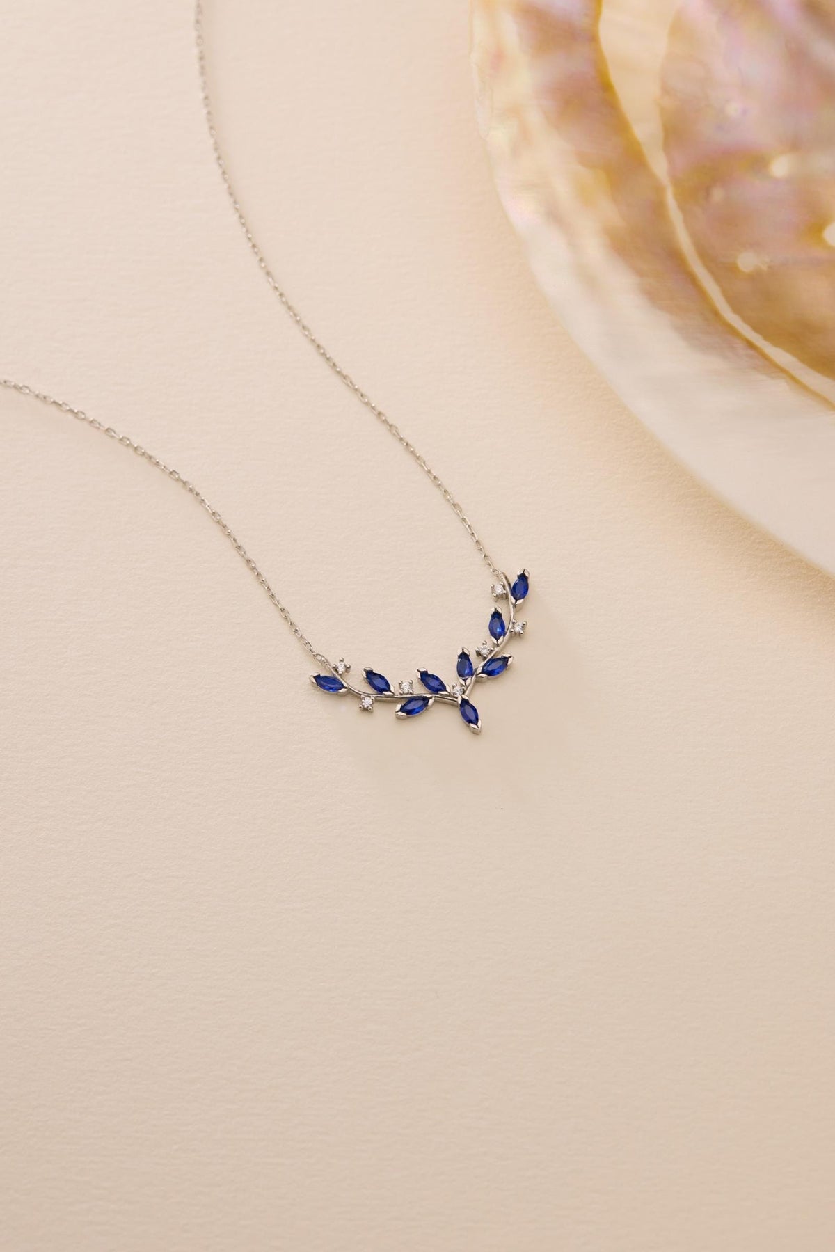 Blue Ivy Necklace, Rhodium Sterling Silver Marquise Vine Pendant Jewelry