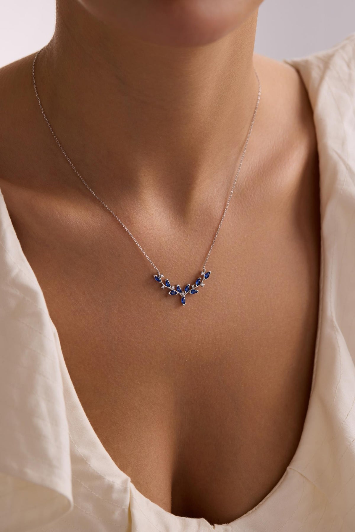 Blue Ivy Necklace, Rhodium Sterling Silver Marquise Vine Pendant Jewelry