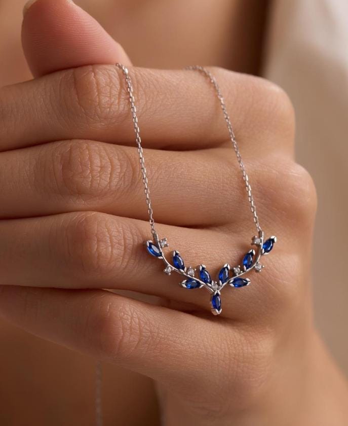 Blue Ivy Necklace, Rhodium Sterling Silver Marquise Vine Pendant Jewelry